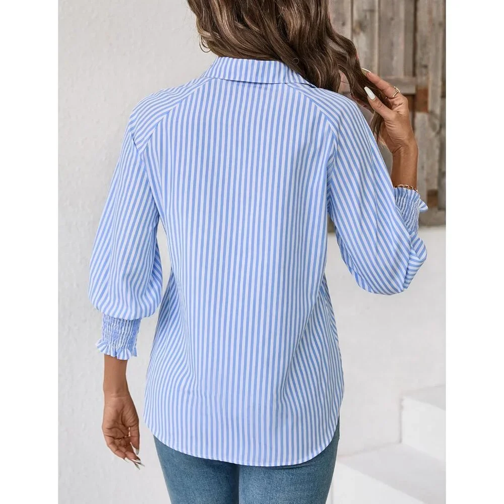 Women Blouses 3/4 Sleeve Business Shirts Smocked Cuffed Spring Dressy Casual Top - Picture 5 of 5